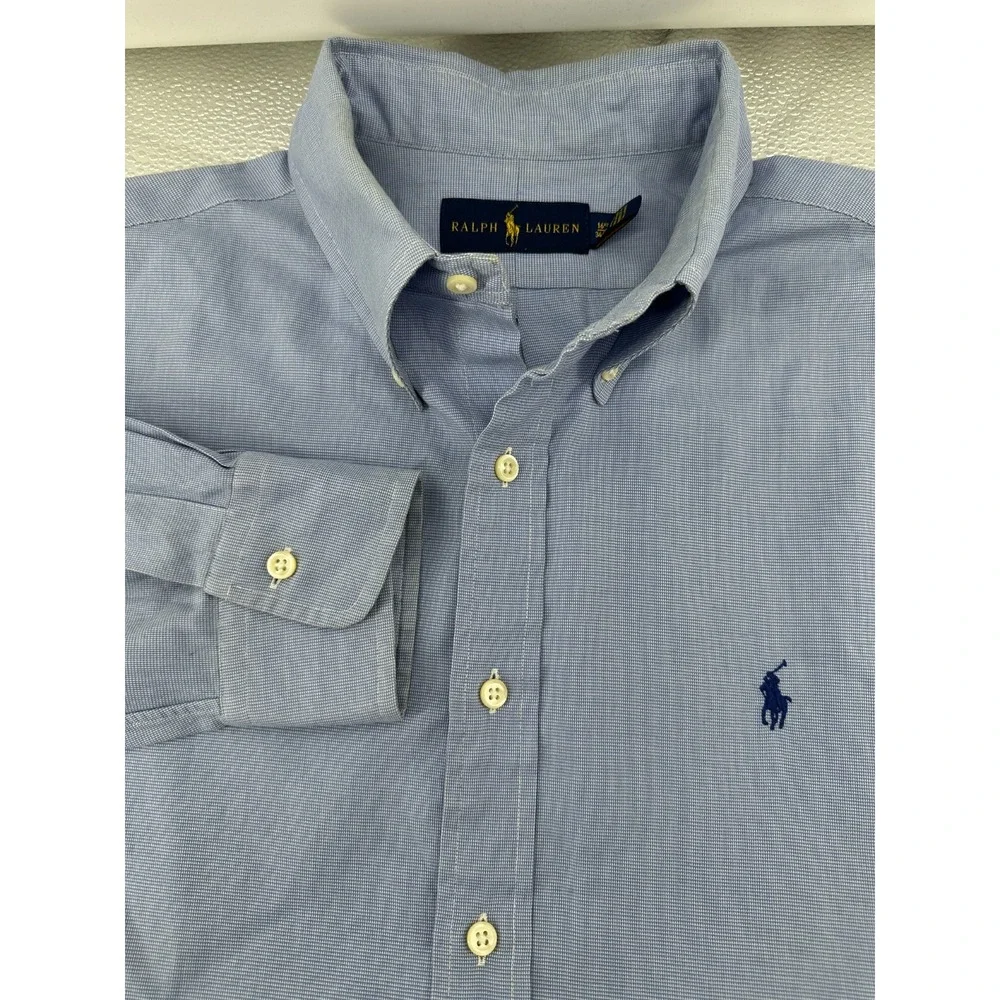 Ralph Lauren Shirt Mens 16 1/2 Blue White Gingham Check LS Button Down Blue Pony